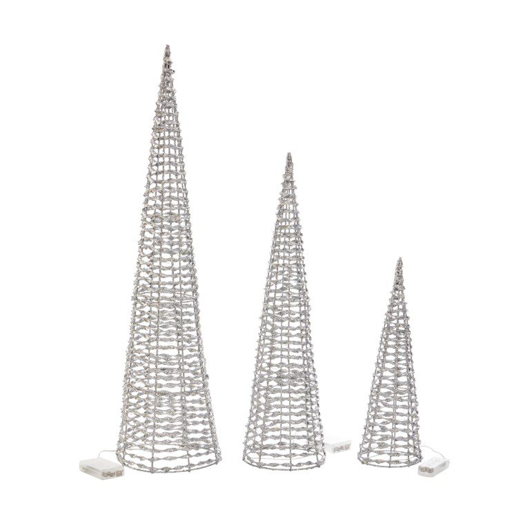 Three Kings Set of 3 Light Up Glitter Twist Tree Christmas Decorations – Silver 5050642094672